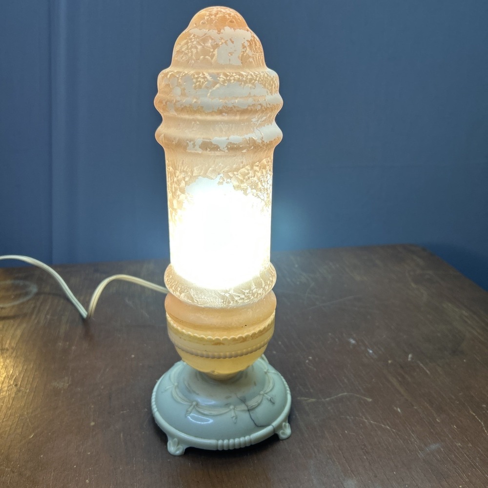 Vtg Art Deco Powder Pink 12" Tall Boudoir Bullet Torpedo Table Lamp